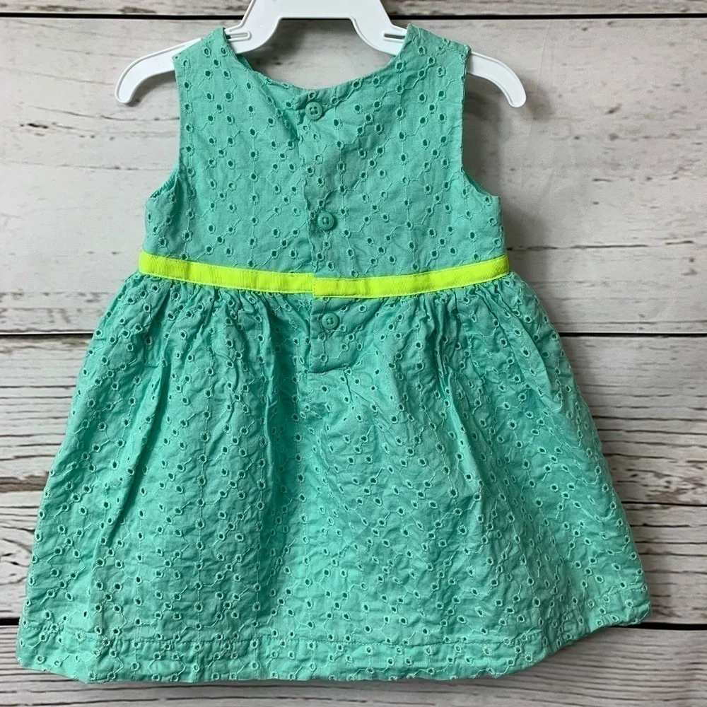 EUC Carter’s Aqua Blue W Neon Yellow Ribbon Dress